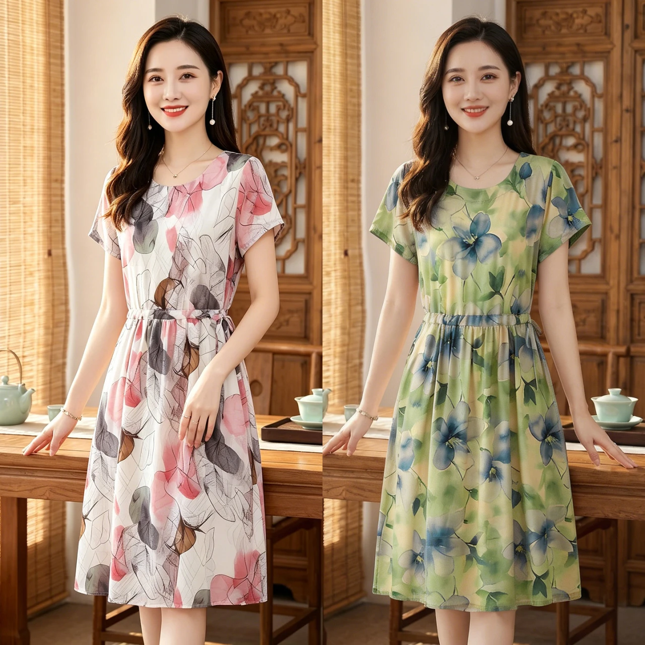 

Women's Watercolor Floral Midi Dress - Short Sleeve Round Neck with Drawstring Waist Lightweight Chiffon Summer Casual Plus Size