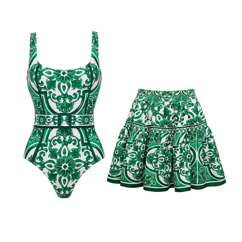 FLAXMAKER Vintage รูปแบบพิมพ์ One Piece ชุดว่ายน้ําและกางเกงหรือกระโปรงผู้หญิง Vintage Classic Majolica Series Party ชุดว่ายน้ําชุด