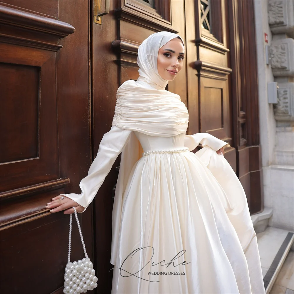 QICHE Bescheiden Moslim A-lijn Trouwjurken Vrouwen 2026 Plooi Lange Mouwen Satijn Parels Party Gown Vestidos De Novia Aangepaste