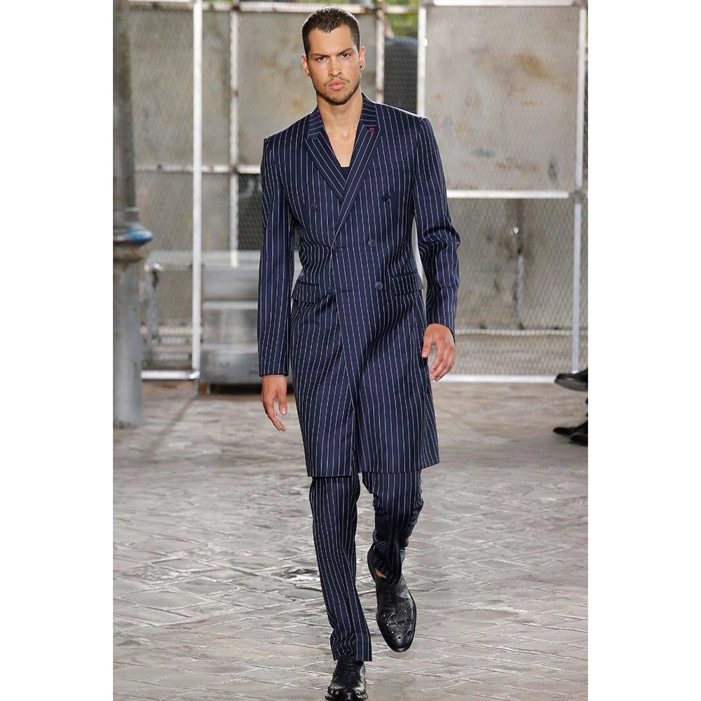 

Handsome Italian Tailcoat Navy Blue Stripe Long Men Suit Blazer and Pants Customizable Double Breasted 2-Pieces Set