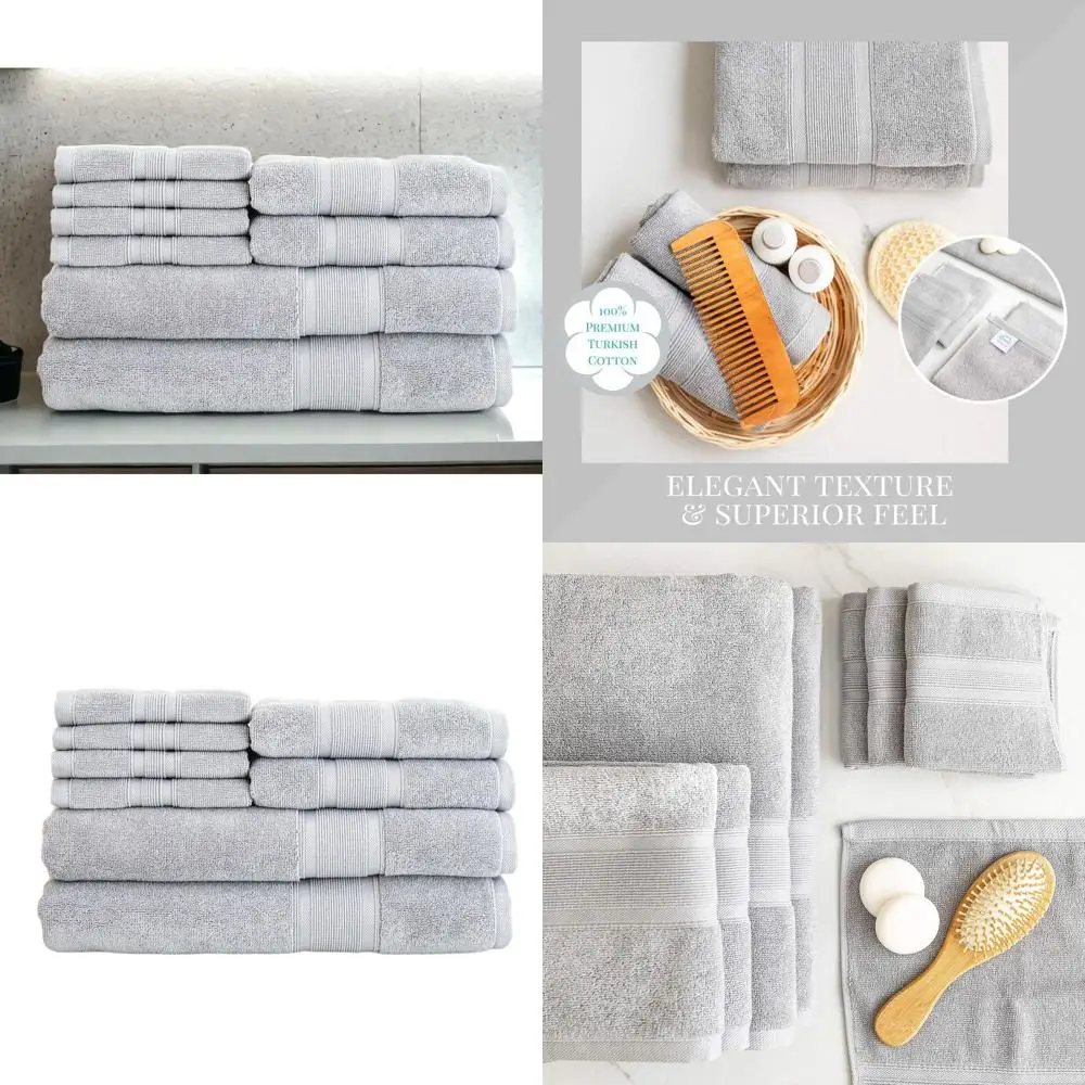 

Набор из 8 турецких хлопковых полотенец для ванной комнаты - 2 банных полотенца, 2 полотенца для рук, 4 салфетки для умывания, светло-серый цвет