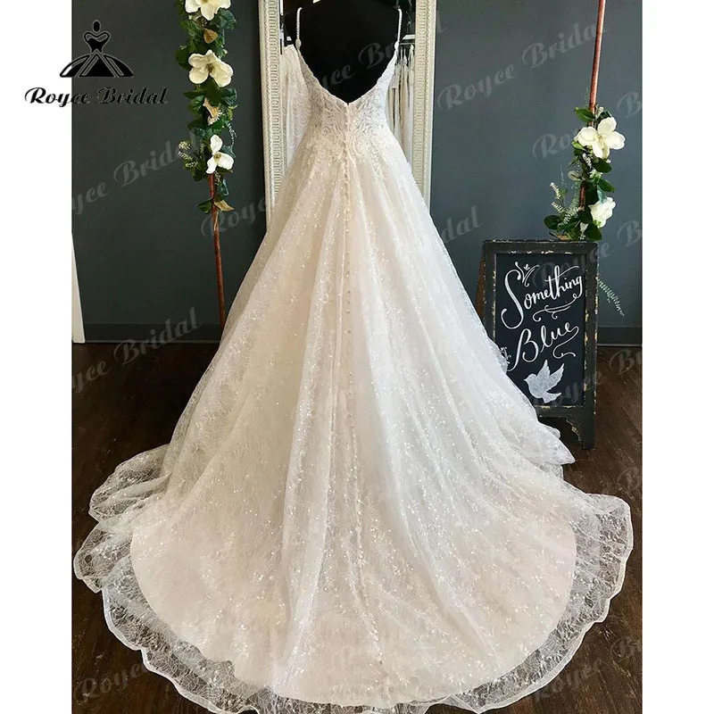 Abito da sposa con spalline sottili per donna Glitter lucido aperto sul retro in pizzo con scollo a V abiti da sposa Trouwjurk abito da sposa lungo de mariée