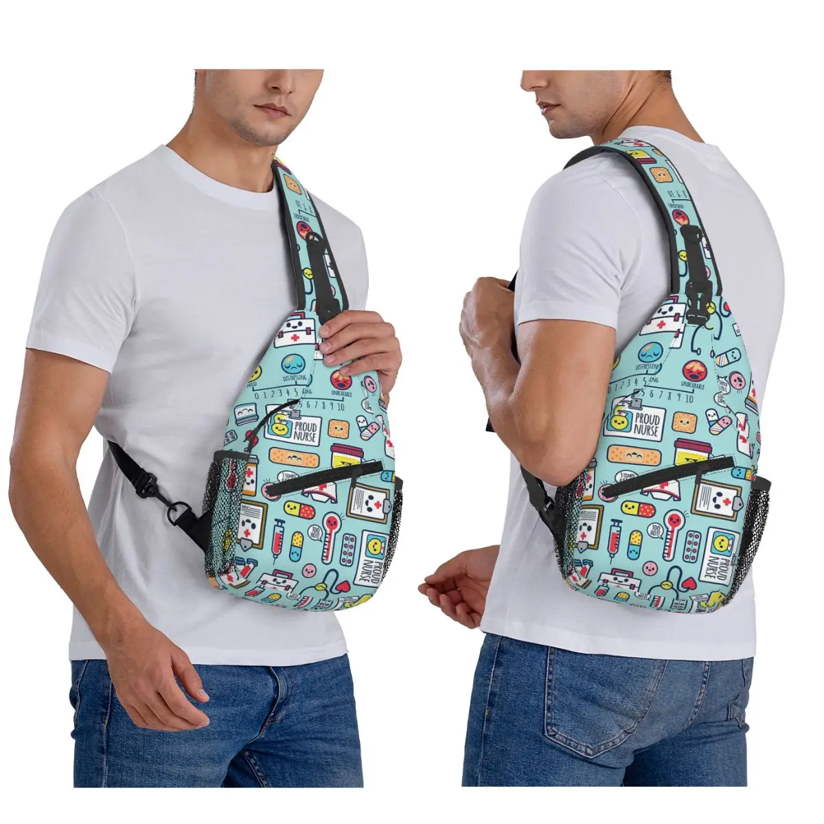 

Proud To Be A Nurse Surface Pattern Design Blue Chest Bag Men Sling Crossbody Backpack Chest Bag Hiking Daypack Shoulder Bag