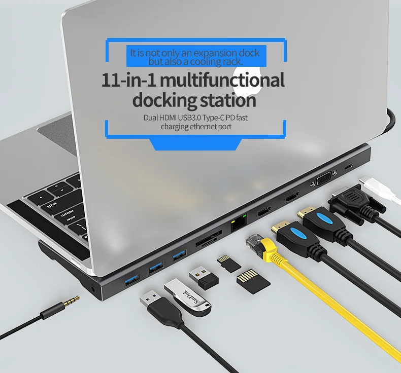 External 11 In 1 Docking Station Usbc Vga Pd Type C To Usb 3.0 Adapter Ethernet Monitor Usb C Hub For Macbook