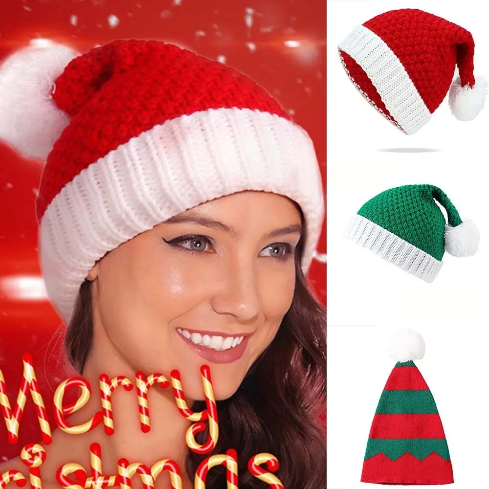 Outdoor Strip Knitted Christmas Hat Cloth Accessories Knitting Plush Ball Soft Beanie Muffler Cartoon Santa Hat Women