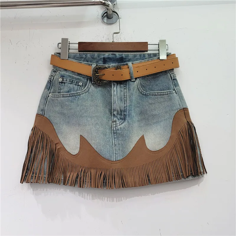 

Women's Denim Skirt High Waist Spliced Contrast Color Irregular Tassel A-line Mini Skirt 2024 Spring New Fashion