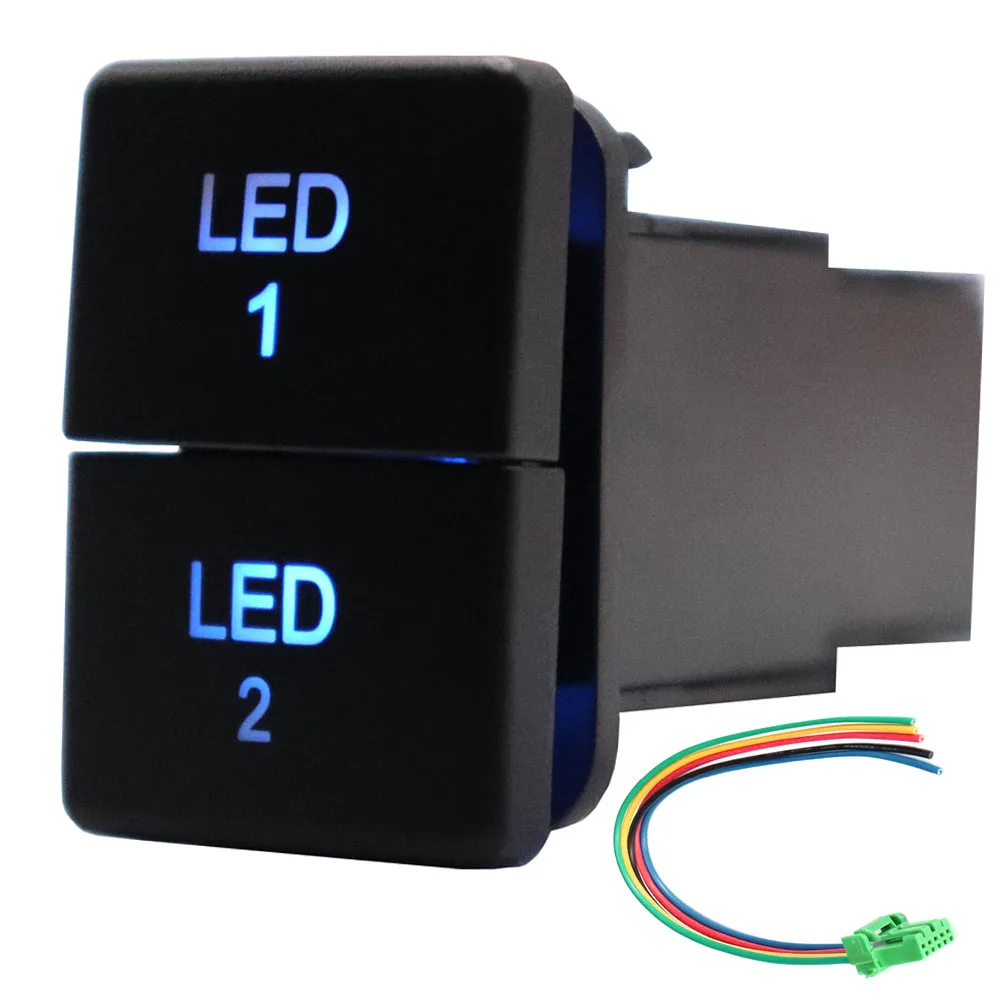 12V Dual Push Button Switch ON-Off 2Led Blue/Green Backlit with Connector Wire for Toyota 4Runner Hilux Prado Rav4