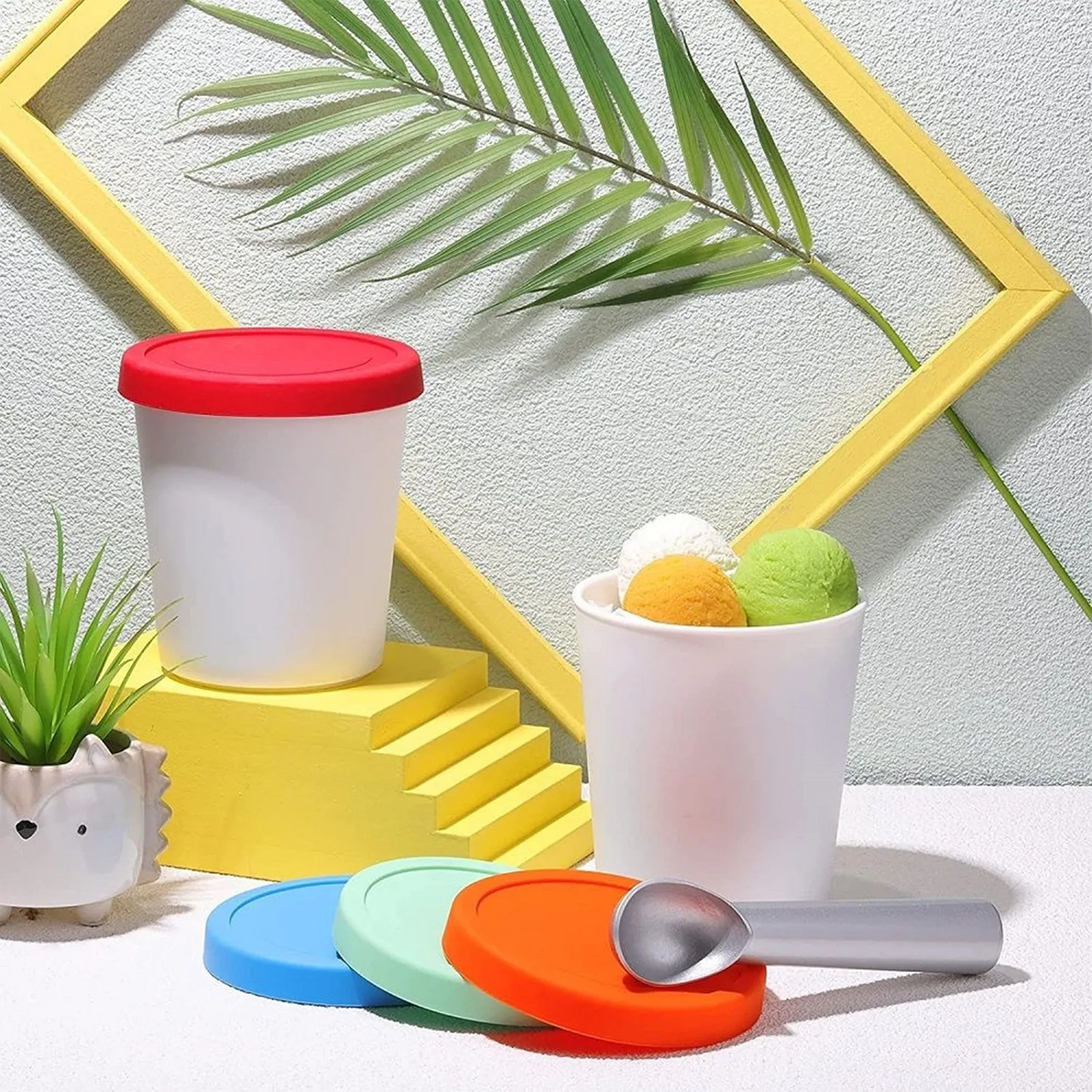 Ice Cream Cups Container Dessert Freezer Storage Cup Tub Lid Containers Plastic Round Tubs Dessert Food Storage Container