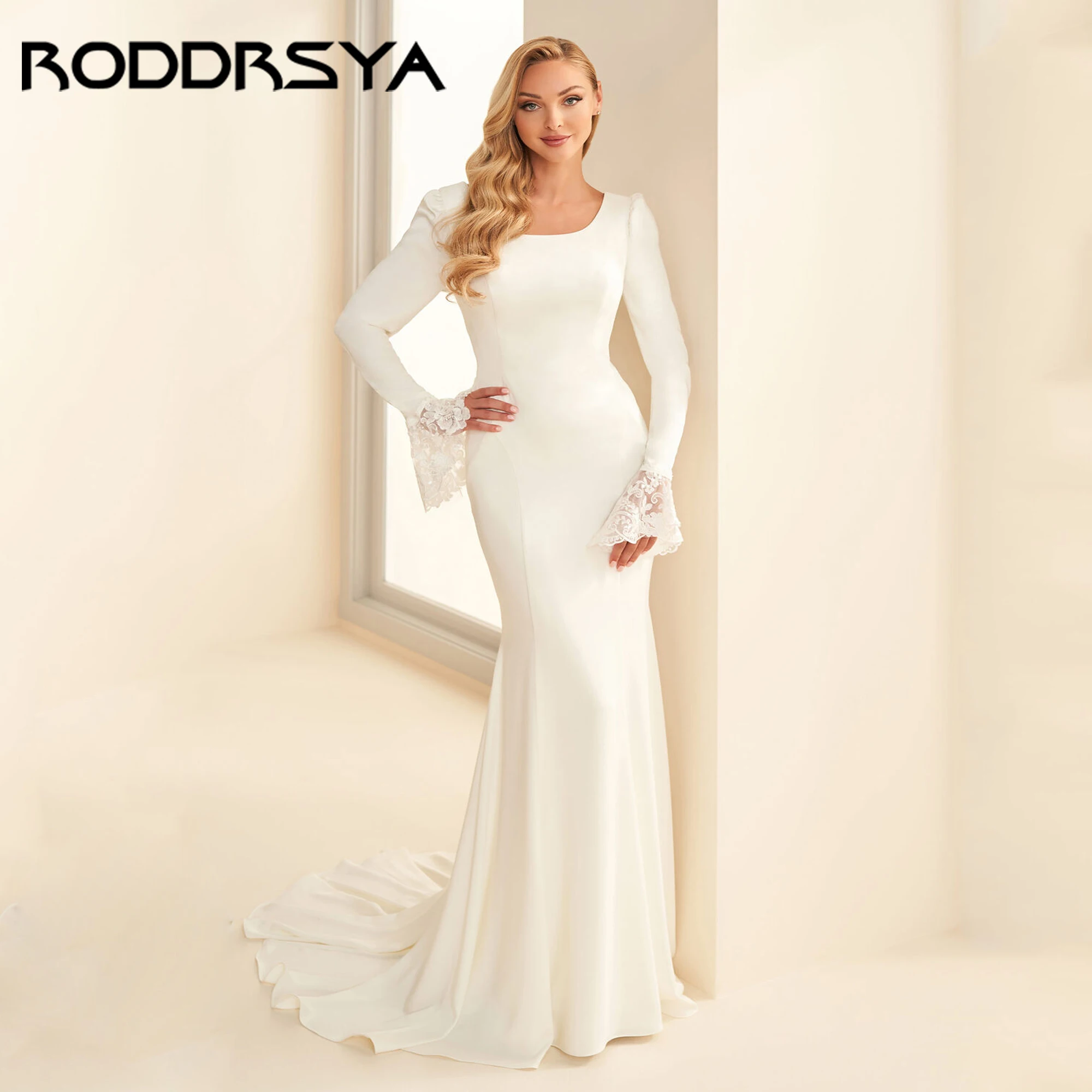 

Атласное атласное свадебное платье с круглым вырезом, роскошное свадебное платье Memaid с длинным рукавом и бантом сзади, свадебные платья с v-образным вырезом, Vestidos Novias 2025 по индивидуальному заказу Сатин Сати