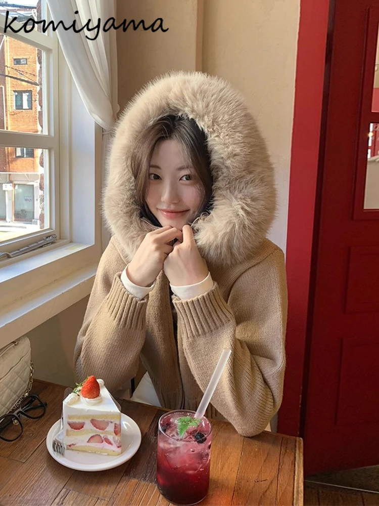 

Big Fur Collar Hood Cardigan Long Sleeve Knit 2025 Ropa Mujer Autumn Winter Gentle Sweater Korean Chic Cardigans Clothes Woman