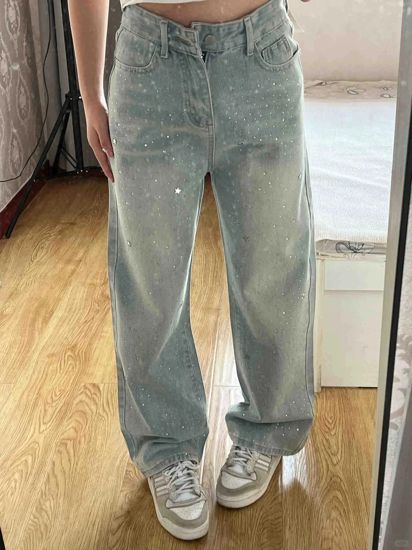 Hoge taille jeans dames wijde pijpen broek diamanten gesplitste denim broek volledige lengte broek losse vintage zakken gewassen winter 2025,