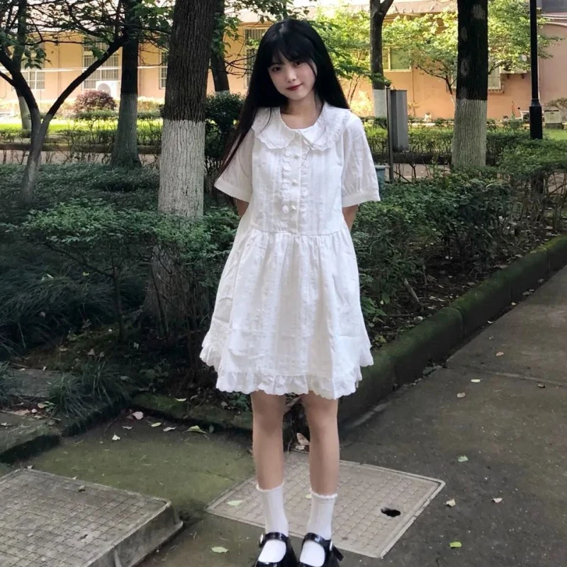 

White Kawaii Lolita Dress Women Sweet Lace Peter Pan Collar Elegant Princess Dresses Japan Preppy Style Casual Loose Mini Dress