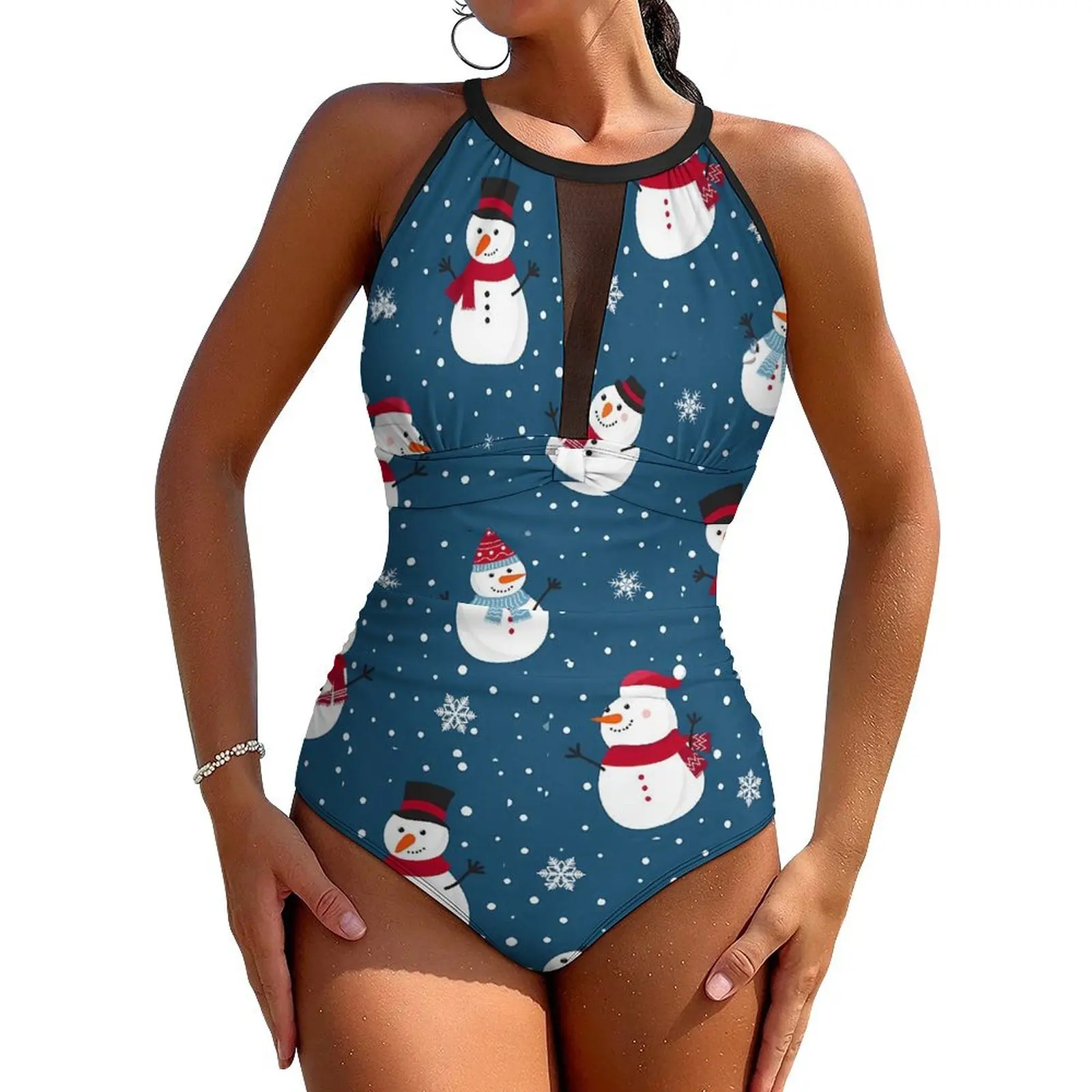 CHRISTMAS Swimsuit WINTER SNOWMAN One-Piece Swimwear Push Up Stylish Monokini Sexy Sport Design Beach Wear