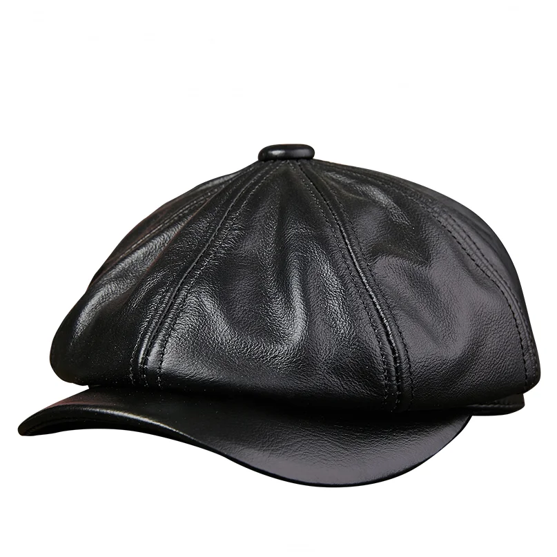 Retro Octagonal Genuine Leather Hat Winter Men\'s Cowhide Leather Beret Elegant Fashion Student Tongue Cap Snapback Caps For Men