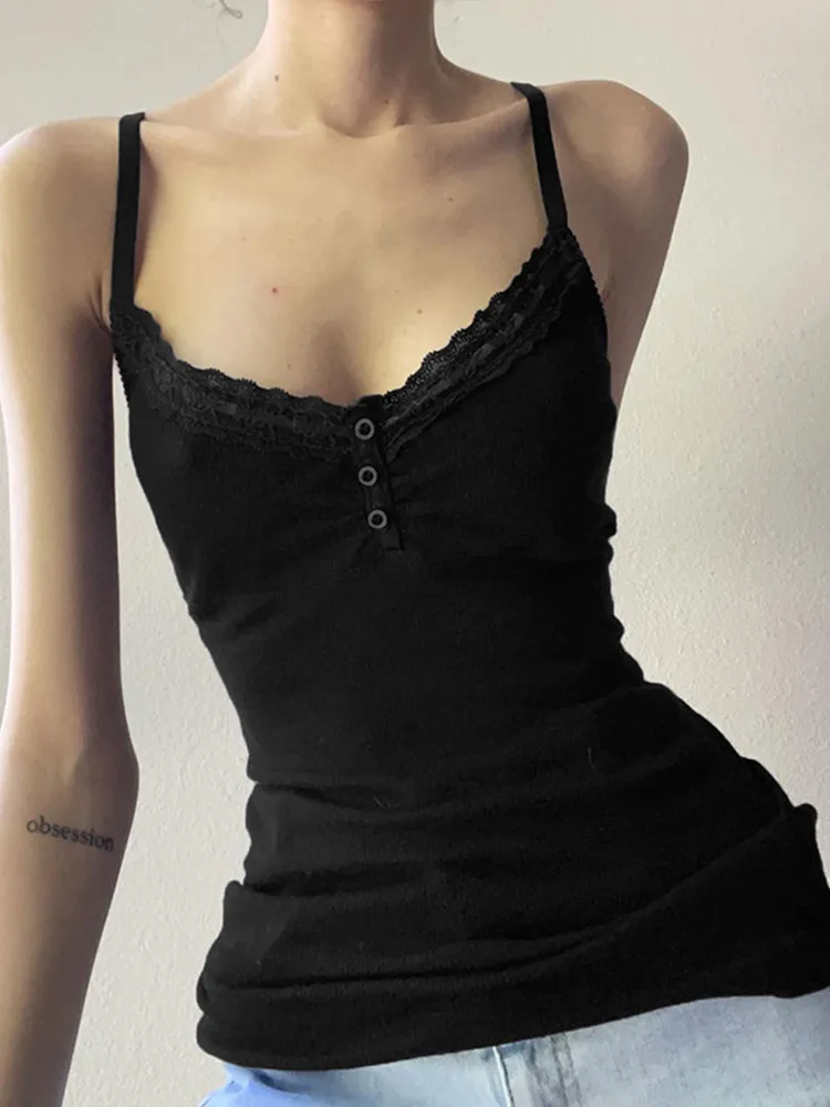 Sexy Folds Buttons Sleeveless Crop Top Black Vintage Y2K Corset Tops  Casual Basic T-shirt