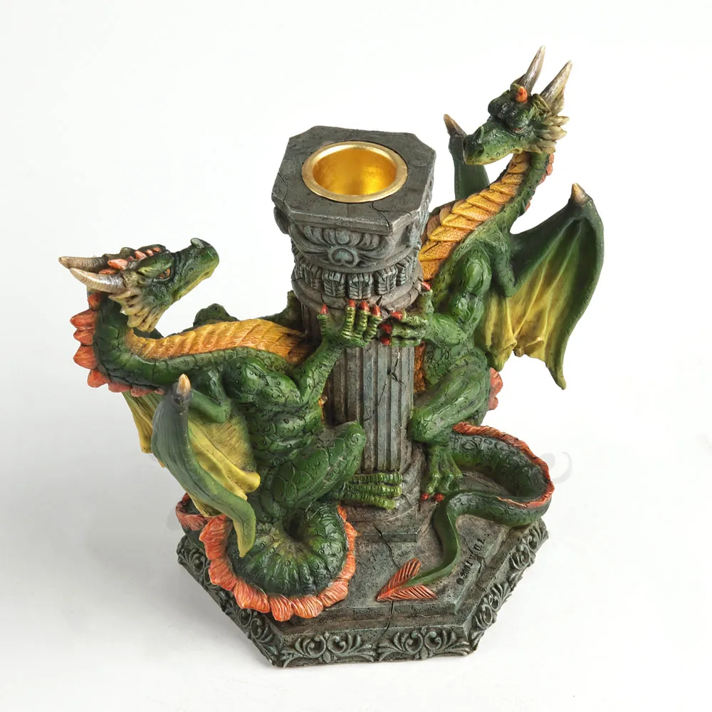 Green Double Headed Dragon Roman Pillar Tealight Candle Holder Gothic Winged Dragon Resin Statue Fantasy Medieval Tabletop Decor