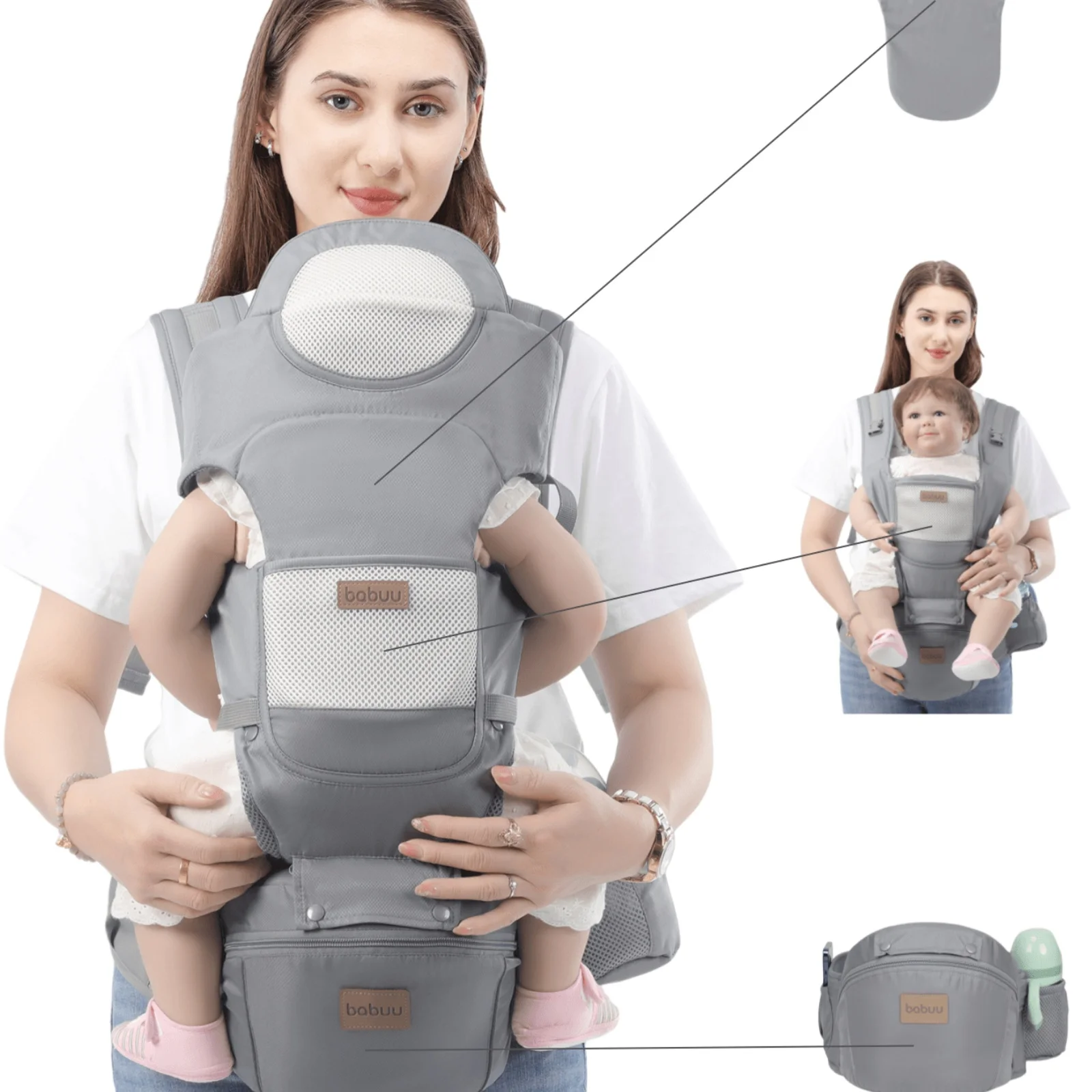 

ergobaby Ergonomic Baby Carrier with Hip Seat, Gray Breathable Mesh Infant Backpack, Multi-Position Hands-Free Baby Sling with N