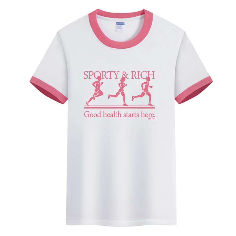American Vintage Style Sport Club Printing Ringer T Shirts Women Loose Cotton Casual Summer Short Sleeve Tops Crewneck Loose Tee