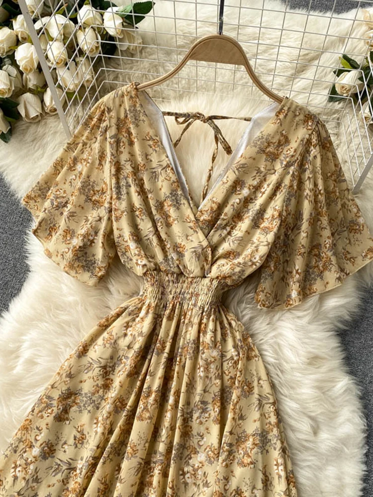 Women Summer Dress Bohemian Floral Print Sexy V-Neck High Waist Chiffon Long Dress Holiday Short Sleeve Backless Beach Vestidos