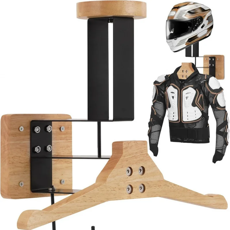 Wooden Motorcycle Helmet And Cap Hanger with Stainless Steel Wall Mount for Tactical Gear And Motorcycle Accessories Storage