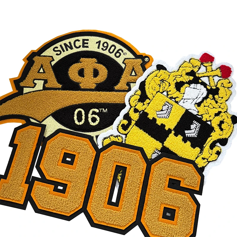 Large Chenille Old Gold and Black Fraternitry Alpha Phi Alpha Round with Tail Greek Number Since 1906 Chenille Patch for Hoodies