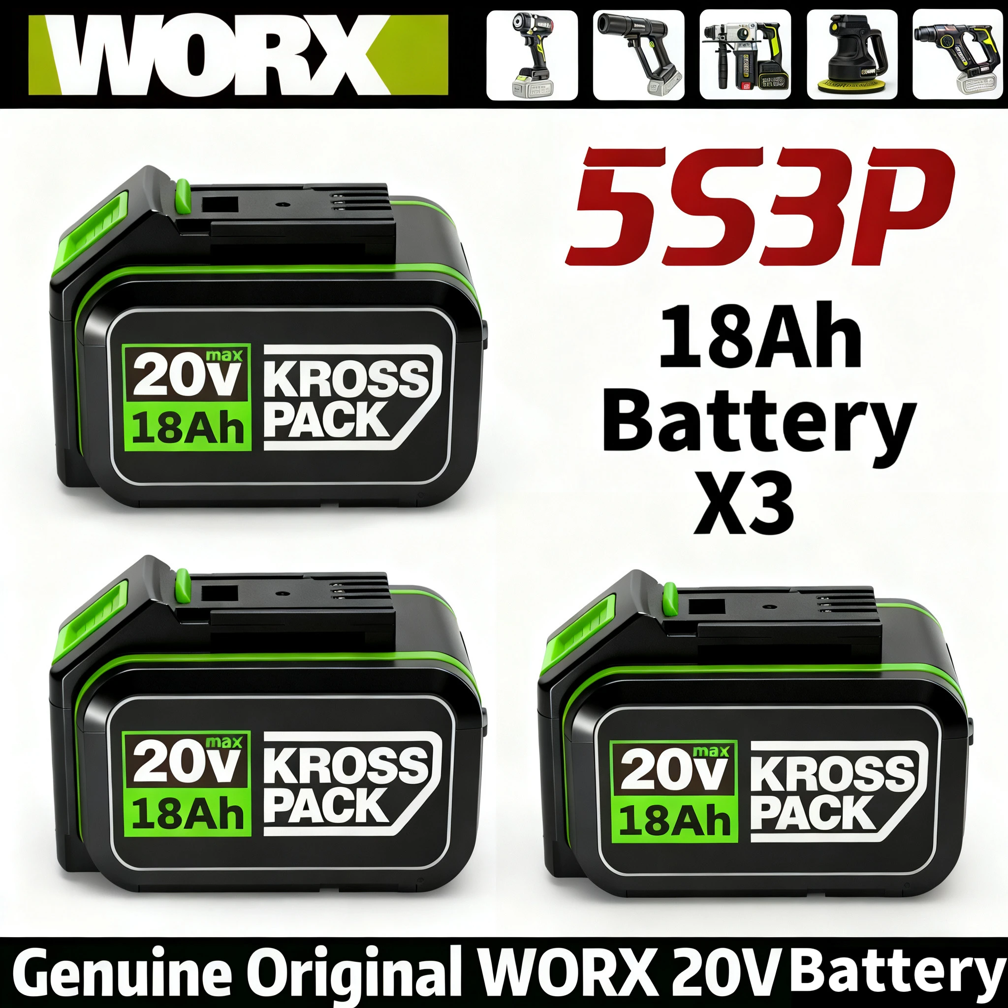 

for worx 20V High-capacity 18Ah Lithium battery Rechargeable WA3553 WA3551 WA3553 WA3570 for All WORX Electric and Garden Tools