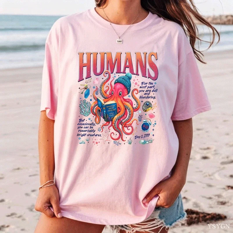 Funny Octopus Cotton Short Sleeve T Shirt Book Lover Friendship Tshirt Men Women Unisex Printed Casual T-shirt Crew Neck Tops