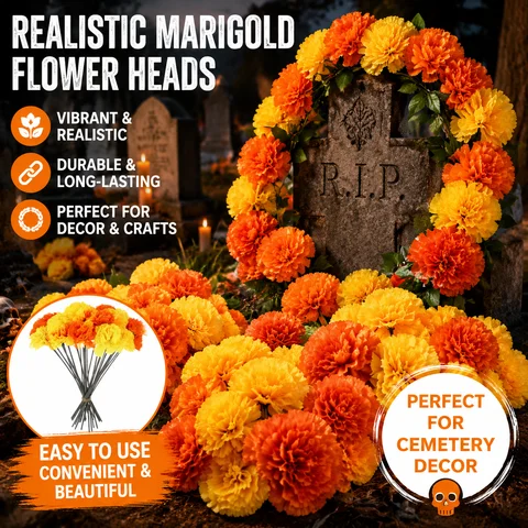 Festival Ready Fake Marigold Carnation Flower Heads for Halloween Decor Mexican Altars Diwali Parties Cemetery Memorial