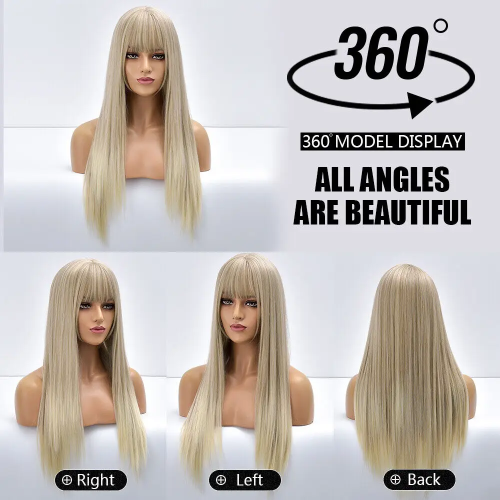 Long Straight Dress Up Wigs With Fringe Heat Resistant Hair Gradient blonde