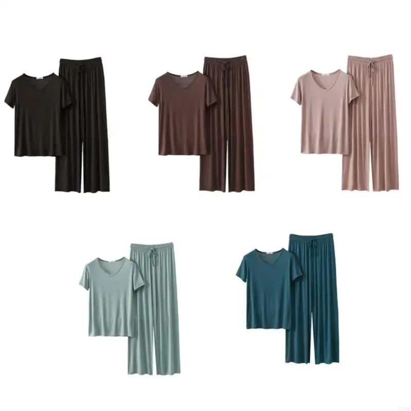 

Womens Thin Loungewear Set Short Sleeve Top Pants Sleepwear For Home Relaxation Y166