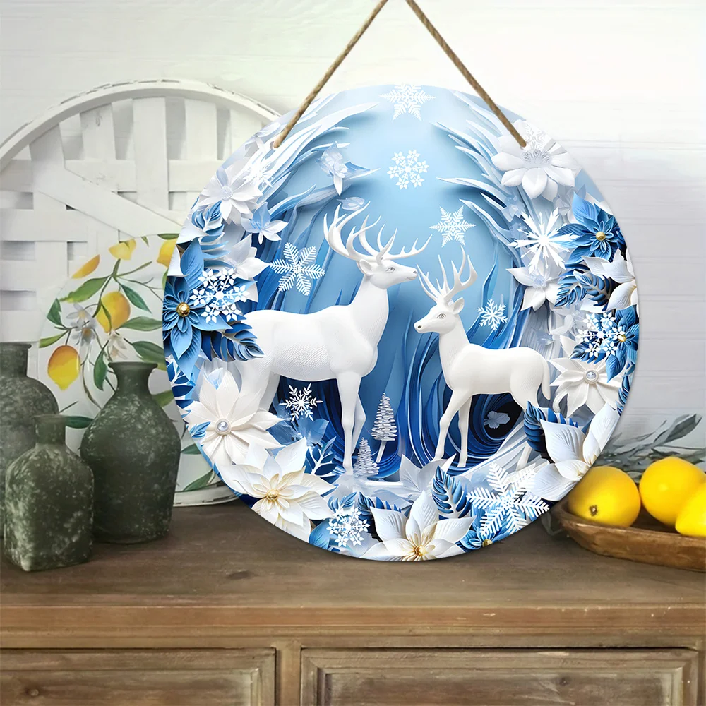 1pc Blue Christmas Winter White Snowflakes Jungle Elk Blooming Flowers Wood Porch Wreath Hanging Print Sign Painting Home Fence