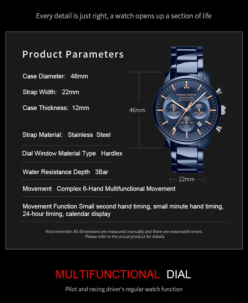 2024 neue multifunktionale Uhr Hannah Martin Marke 46 mm Blau Silber Edelstahl Freizeit Quarz Timing Uhr Kostenloser Versand – Detail 1
