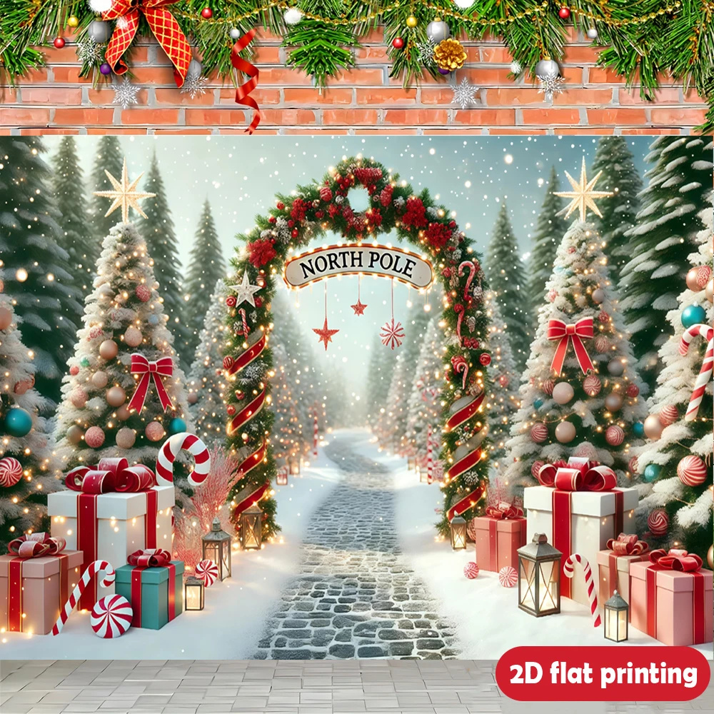 Banner plano 2D, Arco del Polo Norte con árboles decorados, regalos, bastones de caramelos para decoración al aire libre, regalo perfecto.