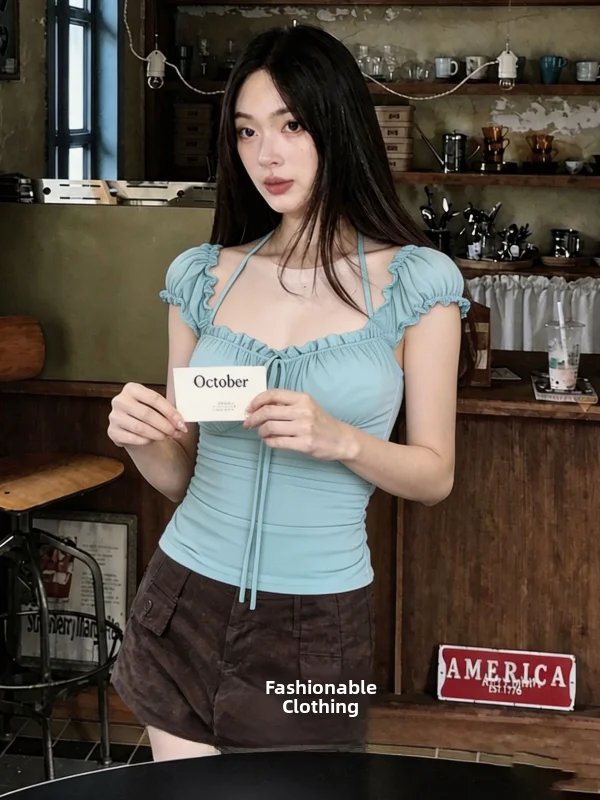 Ballet Style Off-Shoulder Short Sleeve Women's Top Slimming Waist Design Summer Outing Atmosphere Feeling Breathable Fabric