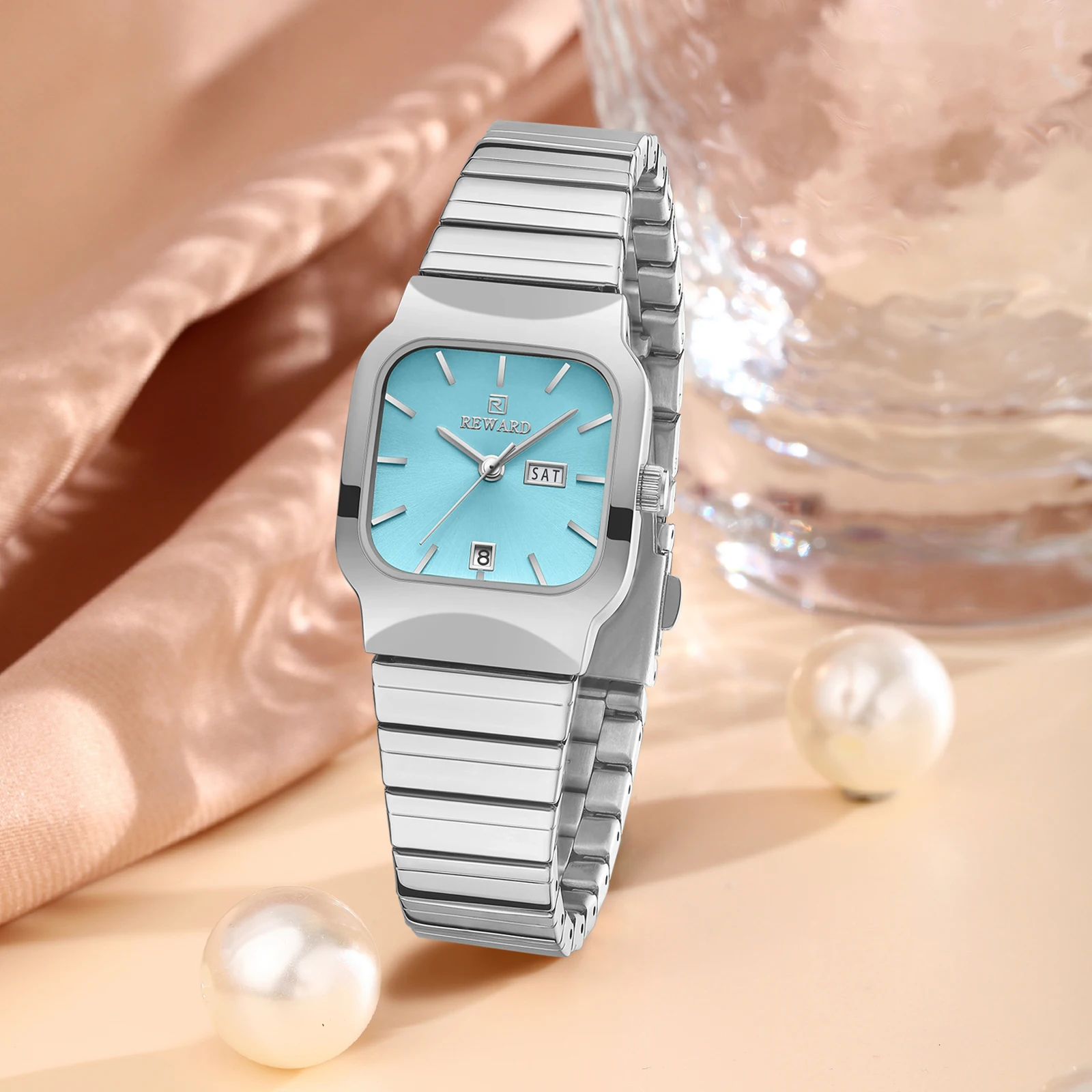 REWARD Fashion Square Watches for Women Stainless Steel Band Date Day Waterproof Casual Womens Wristwatch