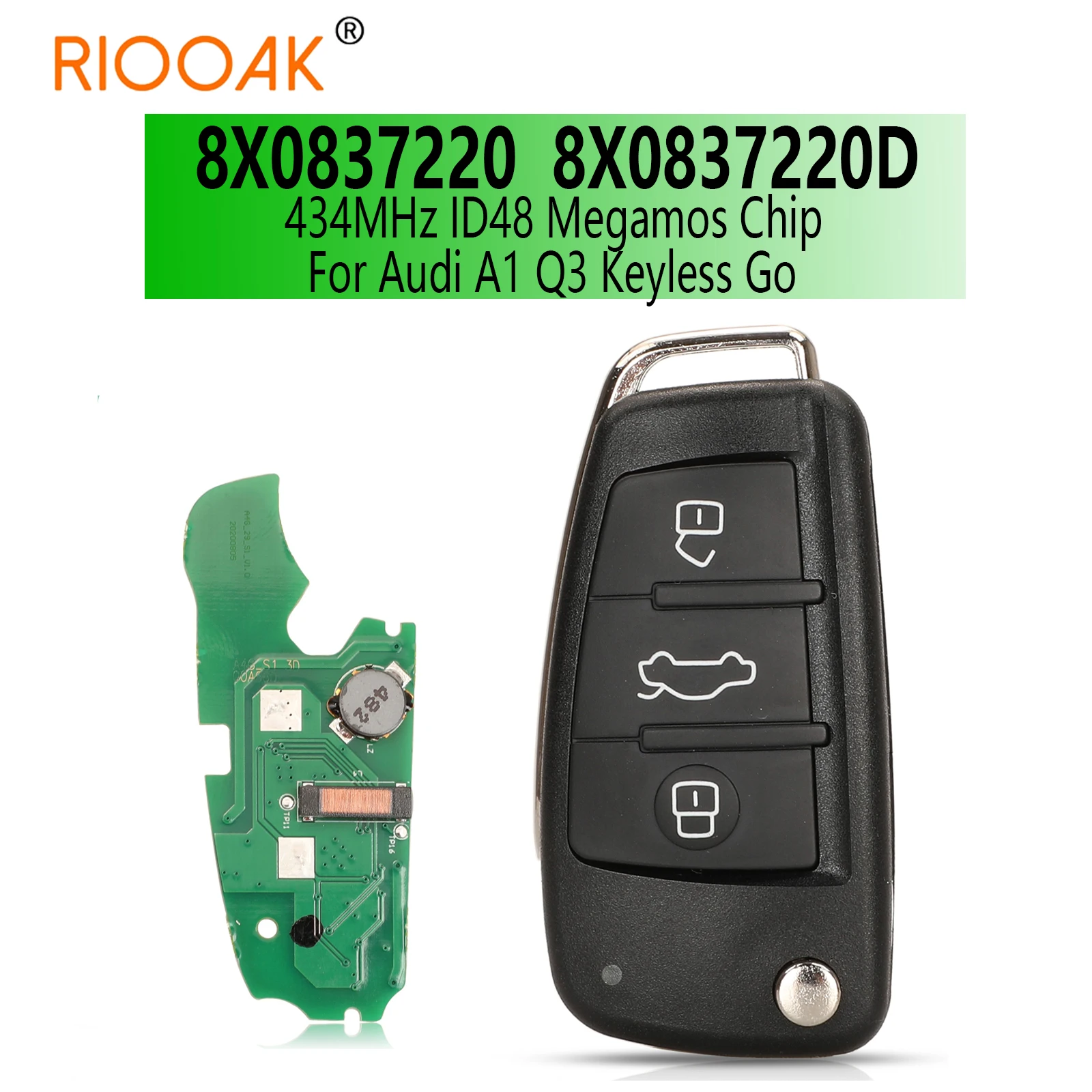 

3BTN 434MHz Megamos ID48 Keyless Go Proximity Flip Remote Control Key for Audi A1 Q3 8X0 837 220 8X0837220D