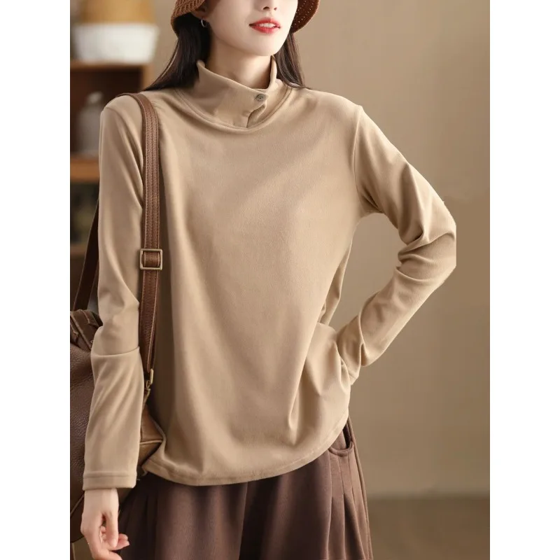 Fashion Threaded Base Shirt for Women Warm Elastic Casual and Versatile Lapel Stand Collar Two-wear Pullover Top