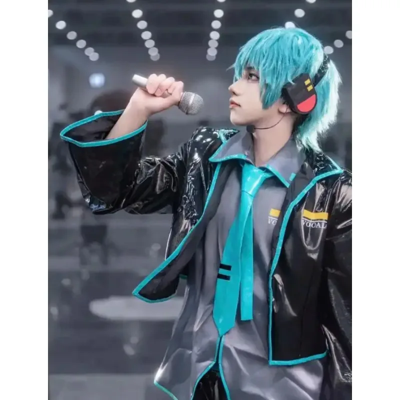 ff34 أنيمي الظاهري المعبود هاتسون تأثيري MIKU السراويل العليا الكفة ربطة القوس فيونكة زي مجموعة كاملة شعر مستعار كرنفال حفلة الرجال البدلة #4