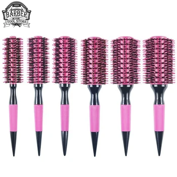 แปรงหวีม้วนผมทำจากไม้สีชมพูสำหรับร้านทำจากไนลอนผสมขนหมูป่าแปรงกลมฟูสำหรับมืออาชีพ