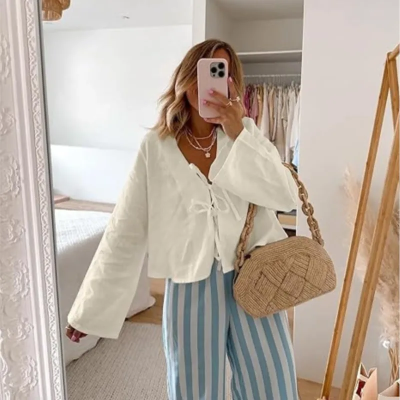 2024 Summer White Lace Up Shirts For Women‘s Elegant Loose Long Sleeve V-neck Blouse Female Solid Causal Street Chic lady Tops