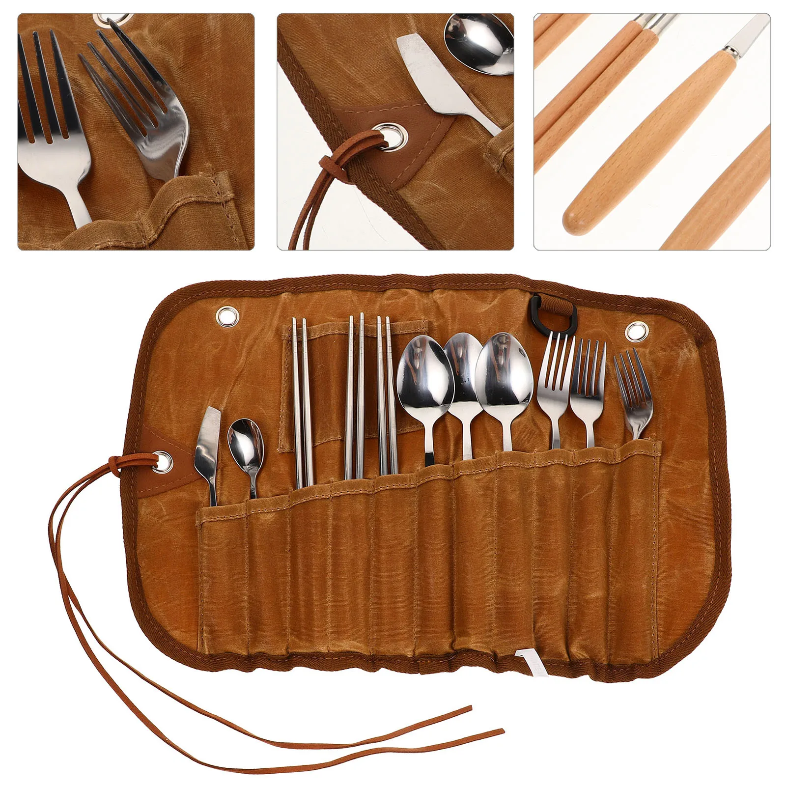 

1 Set Multi-Function Utensil Kit Storage Bag Portable Stainless Steel Cutlery Set For Camping Picnic Outdoor Travel Durable Fork