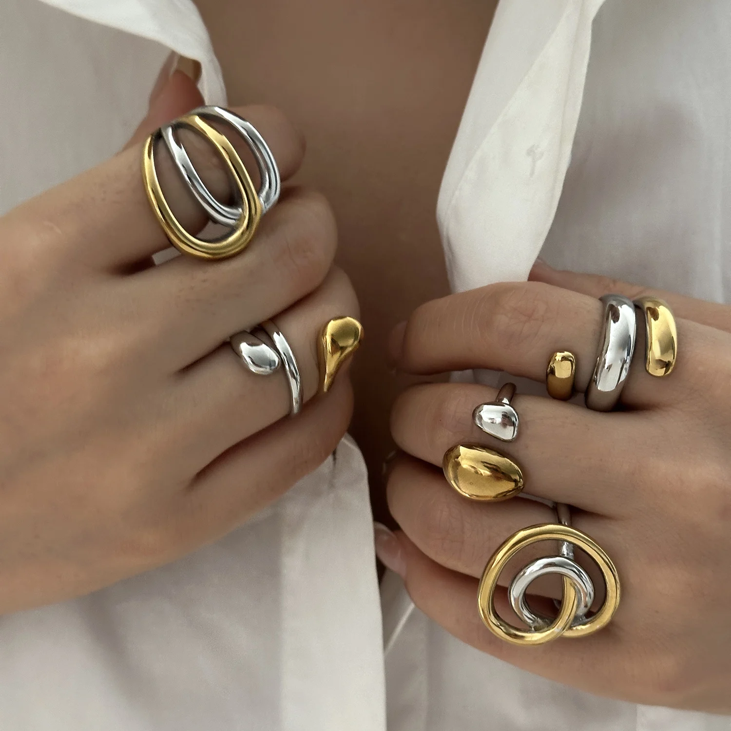 Stainless Steel Two Tone Mixed Metal Rings For Women Gold Plated Chunky Geometric Finger Ring Minimalist Tarnish Free Jewelry