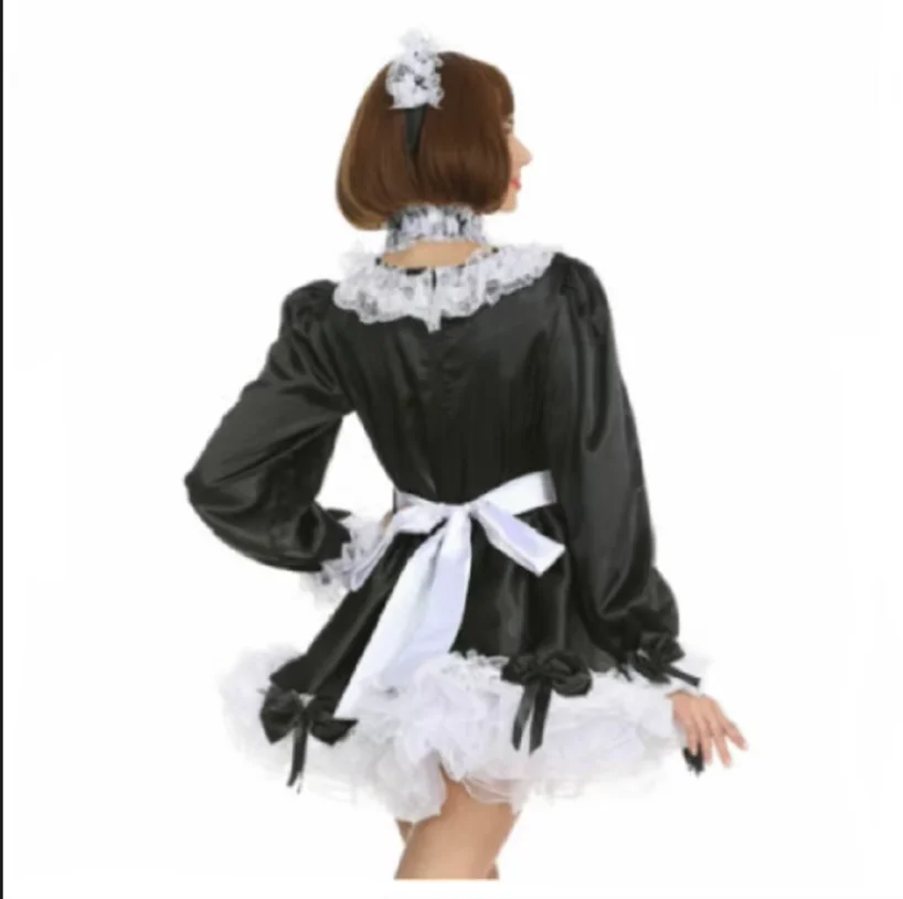 Sexy Lockable  Long Sleeve Fluffy Bow Dress New Hot Sale Maid Sissy Black Low Tie Neck Independent Apron Clothing Customization