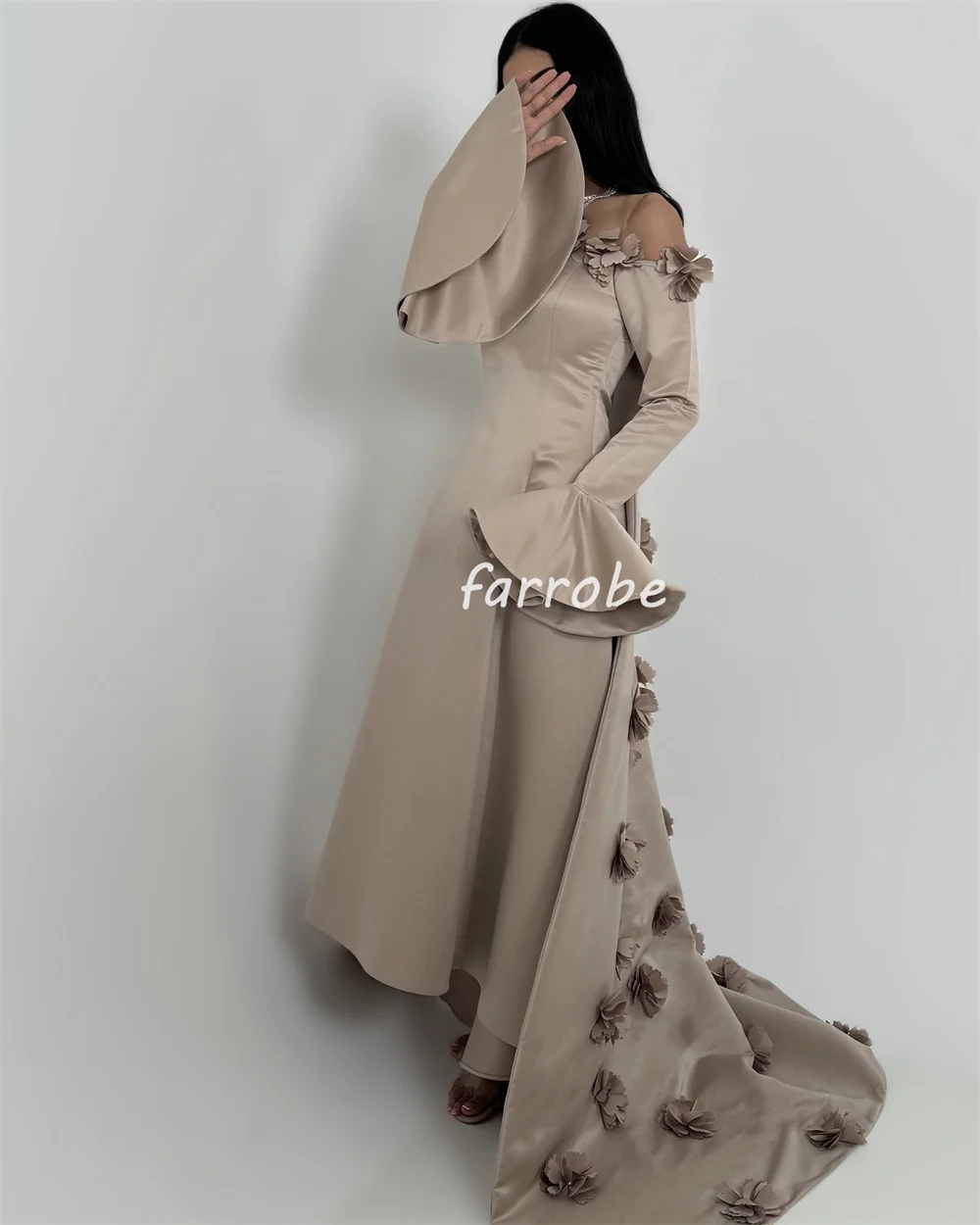 Customized Matching Intricate Pleat Flower Draped A-line Off-the-shoulder Long Dresses Bespoke Occasion Dresses Exquisite Sexy