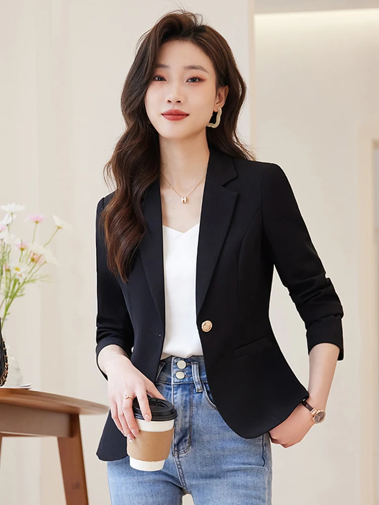 Black Casual Short Suit Jacket for Women Stylish Versatile Ladies' Top Quality Polyester And Spandex Fabric round Hemline Lon...