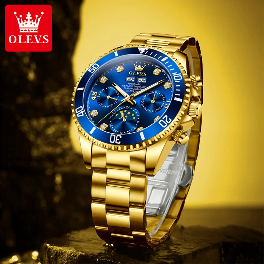 OLEVS 6729 Mens Watches Luxury Original Fully Automatic Mechanical Wristwatch Calendar Week Waterproof Luminous Watches Gifts