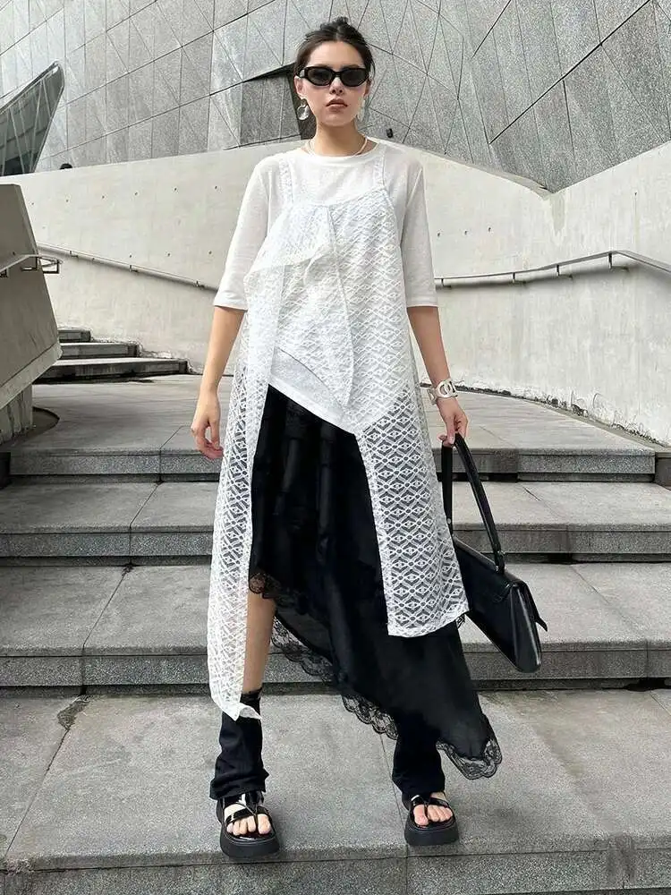 Women Black Lace Irregular Spaghetti Strap Dress New Square Collar Sleeveless Fashion Tide Spring Summer