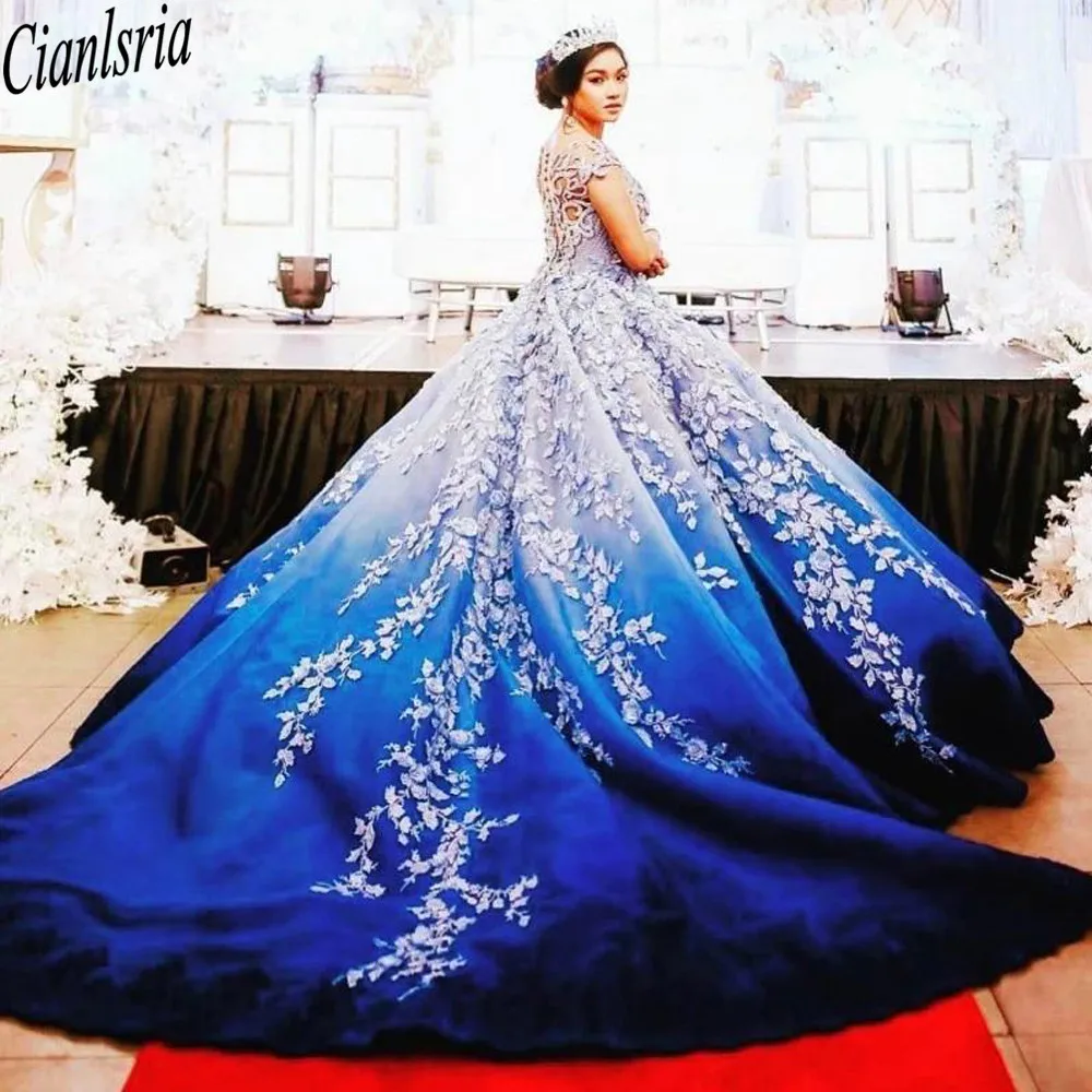 Gaun Quinceanera Warna Gradien Mewah Gaun Prom 16 "Gaun Pesta Manis Bermanik Applique Renda Leher Rendah Vestidos De 15 Años