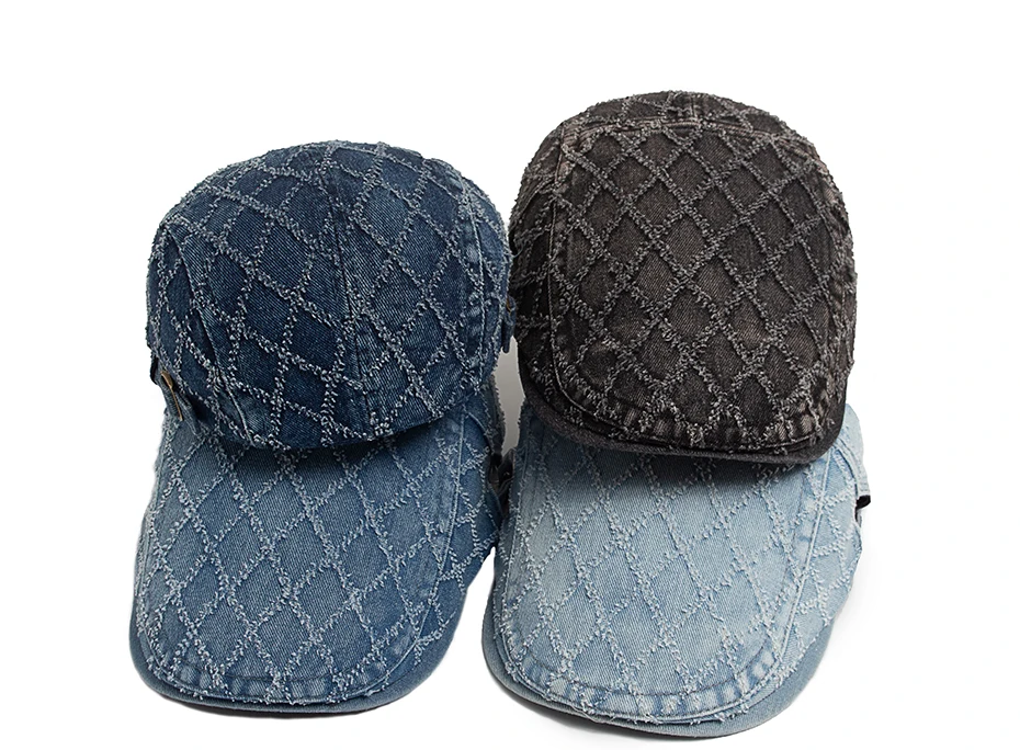 Denim Plaid Vintage Männer Berets Gewaschene Baumwolle frauen Baskenmütze Retro Casual Einfarbig Flache Kappe Sommer Sonnenblende Kappe Einstellbar – Detail 1