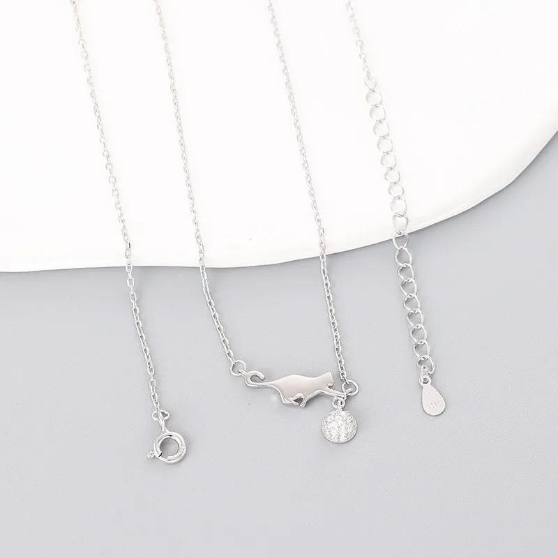 Hot Sale Cute Sweet 925 Sterling Silver Cat Rhinestone Shine Ball Pendant Necklaces For Women Girl Jewelry XN311